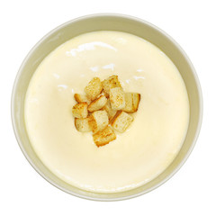 Cheese soup top view on white background