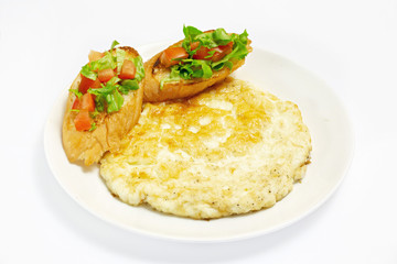 Omelet and sandwiches on a white background