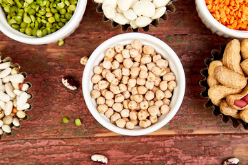 Bowls of various Collection set of beans and legumes.