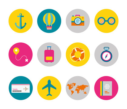 Vector flat icon set of travel elements
