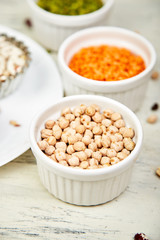 Bowls of various Collection set of beans and legumes.