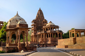 Temples of Mandore Garden. Mandore Garden is built around the royal cenotaphs (Chhatris) of the Rathore rulers in the 6th century. Mandore is located 9 km north of Jodhpur, Rajasthan.