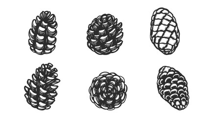 Set of pine cones silhouette on white background.Black leaf vector by hand drawing