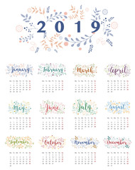 Fototapeta na wymiar Calendar 2019, flower design with text