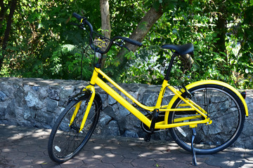 Fototapeta na wymiar Yellow Bicycle parking near the stone wall