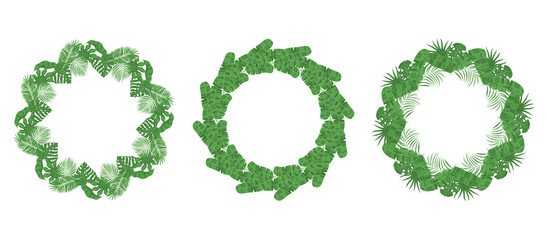 Set of hand drawn tropical, banana leaves jungle frame. Palm leaf invitation card borders. Vector isolated illustration.