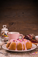 Cake with pink frosting.