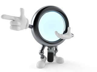 Magnifying glass character pointing finger