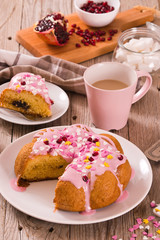 Cake with pink frosting.