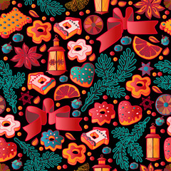 Cute Christmas seamless pattern with toys and cookies. Vector.