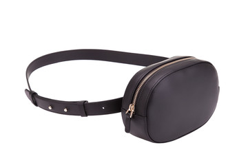 Black leather belt bag. Fashionable belt bag. Fashionable belt bag on a white background.