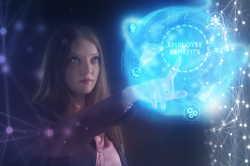 The concept of business, technology, the Internet and the network. A young entrepreneur working on a virtual screen of the future and sees the inscription: Employee benefits