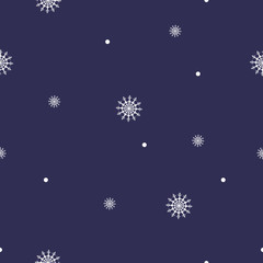 Seamless pattern of snowflakes, circles and dots on blue background. Background for wrapping paper. Vector