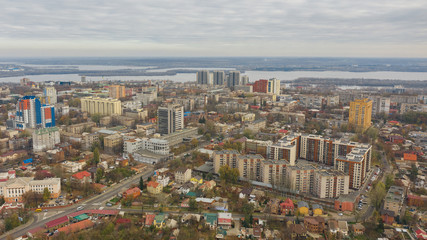 Fototapeta na wymiar Bird's eye view on downtown area of Dnipro city. Panoramic cityscape with skyline from quadcopter. (Dnepr, Dnepropetrovsk, Dnipropetrovsk). Ukraine
