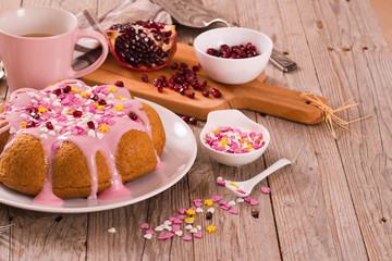 Cake with pink frosting.