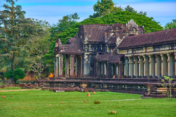 SIEM REAP, CAMBODIA - 13 December 2014:Buddhist monks in Angkor Wat complex, popular tourist...