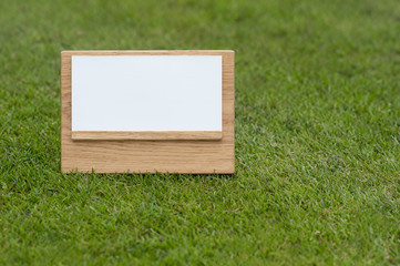 Mock up wooden sign on green background.