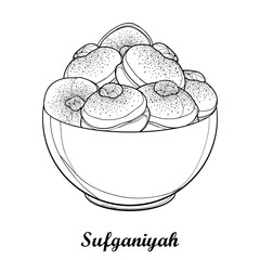 Vector dish with outline traditional Hanukkah sufganiyah or sufganiyot or doughnut in black isolated on white background. Contour ornate jelly donut for Jewish Hanuka design or coloring book.