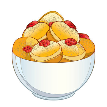 recommend clip art: Vector dish with outline traditional Hanukkah sufganiyah or sufganiyot or doughnut isolated on white background. Traditional symbol of Jewish holiday design. Contour ornate jelly donut for Hanuka.