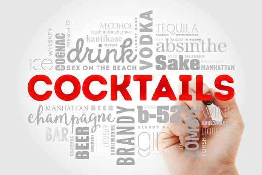 Different cocktails and ingredients, word cloud collage with marker, design concept background