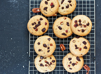 delicious cookies with chocolate and pecans. American cuisine.