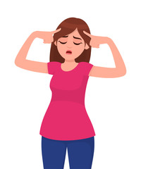 Unhappy young woman touching head while closed eyes. Woman holding fingers on her temples. Human emotion and body language concept illustration in vector cartoon flat style.