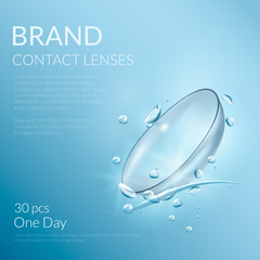 Realistic banner of contact lenses. Medical and cosmetic illustration design template. Vector