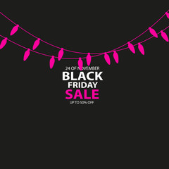 Black Friday Sale handmade with christmas lights candle-shaped garlandand dark background for logo, banners, labels, badges, prints, posters, web. Vector illustration.