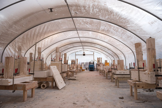 Beautiful Cream Ceramic Pottery Clay Moulds, Full Of Drying Clay Creating Beautiful Art Ceramics And Crafts. Drying In A Large Kiln Atmosphere Tent.