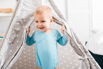 close up view of smiling toddler boy in blue bodysuit standing in baby wigwam © LIGHTFIELD STUDIOS