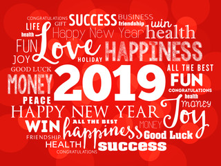 2019 year greeting word cloud collage, Happy New Year celebration greeting card
