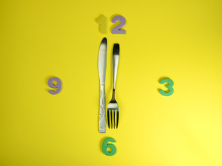 Knife and fork with time digits. Mean time to eat