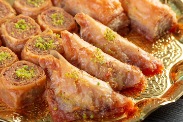 Homemade baklava with nuts and honey syrup