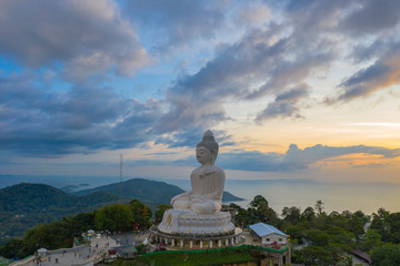 aerial view sunset at Phuket big Buddha viewpoint. Phuket Big Buddha is one of the island most important and revered landmarks on Phuket island.. © Narong Niemhom