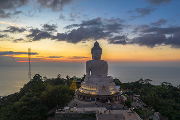aerial view Phuket big Buddha in twilight. Phuket Big Buddha is one of the island most important and revered landmarks on Phuket island..