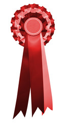 A stylish retro vintage Award rosette medal badge with ribbon in the USA united states and englands flag's colours. red color. isolated and cutout on white. - obrazy, fototapety, plakaty