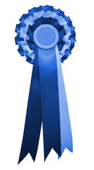 A stylish retro vintage Award rosette medal badge with ribbon in the USA united states and englands flag's colours. blue color. isolated and cutout on white.