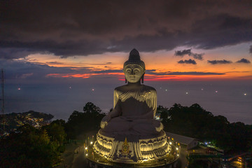 aerial view Phuket big Buddha in twilight. Phuket Big Buddha is one of the island most important and revered landmarks on Phuket island.. © Narong Niemhom