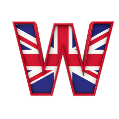 Letter W Union Jack font, Great Britain flag lettering. 3D Rendering