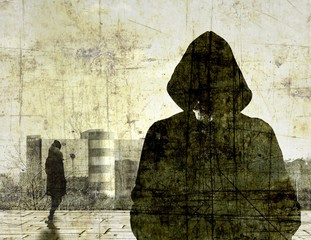 Vintage cracked male figure with sweatshirt and hood and small female figure. Background of industrial building. Photographic editing.