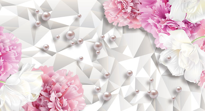 3d wallpaper, carnations flowers and pearl on white abstract background. Celebration 3d background. © DiVNA