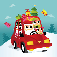 Super Cute Christmas Santa And Friends Car Trip