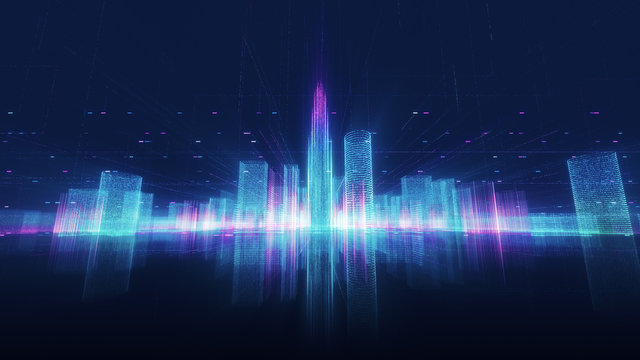 Abstract hologram 3D city rendering with futuristic matrix. Digital skyline with a binary code particles network. Technology and connection concept. Architecture background with particle skyscrapers.