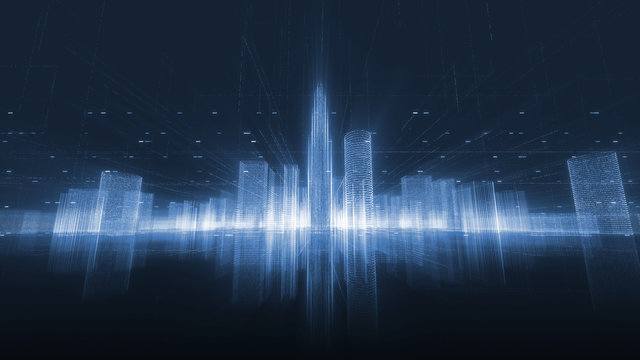 Abstract hologram 3D city rendering with futuristic matrix. Digital skyline with a binary code particles network. Technology and connection concept. Architecture background with particle skyscrapers.