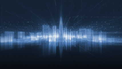 Abstract hologram 3D city rendering with futuristic matrix. Digital skyline with a binary code particles network. Technology and connection concept. Architecture background with particle skyscrapers. © Node Connector