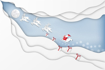Paper art , cut and digital craft style of Santa Claus on Sleigh, Reindeer  in the winter season  and snow on blue sky as Merry Christmas and Happy New Year 2019 concept. vector illustration