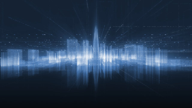 Abstract hologram 3D city rendering with futuristic matrix. Digital skyline with a binary code particles network. Technology and connection concept. Architecture background with particle skyscrapers.