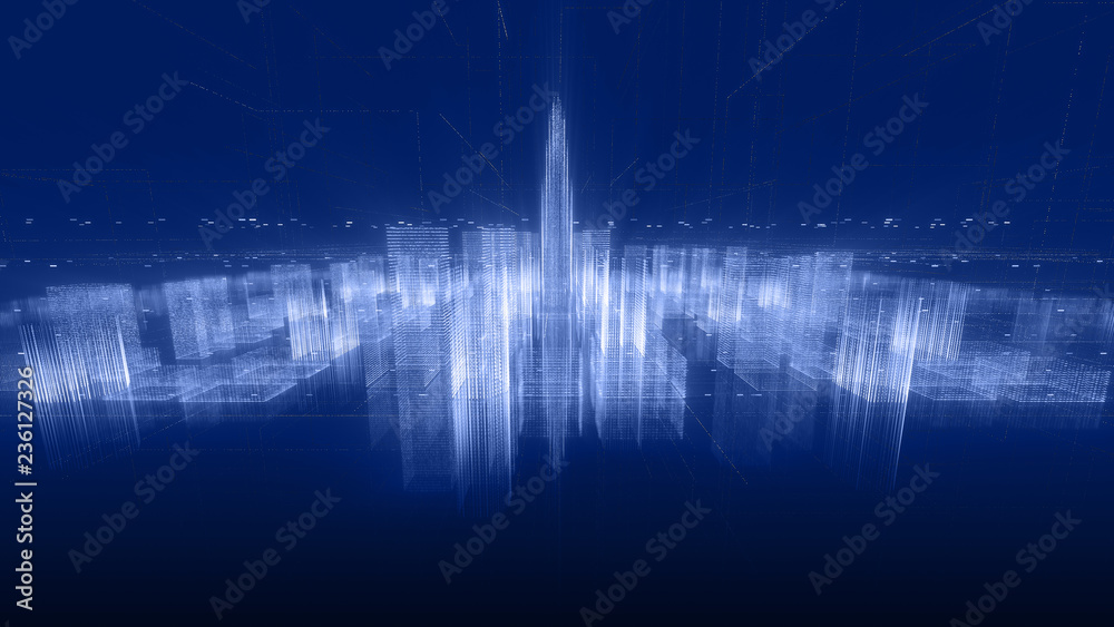 Poster Abstract hologram 3D city rendering with futuristic matrix. Digital skyline with a binary code particles network. Technology and connection concept. Architecture background with particle skyscrapers.