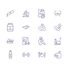 Physical culture icons. Set of line icons. Treadmill, exercise bike, sport nutrition, bodybuilding. Fitness concept. Vector illustration can be used for topics like sport, healthy lifestyle, activity