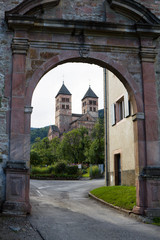 The main gate to Murbach abbey in France. The abbey was founded in 727 as a Benedictine house. The Romanesque abbey church is dedicated to Saint Leger.